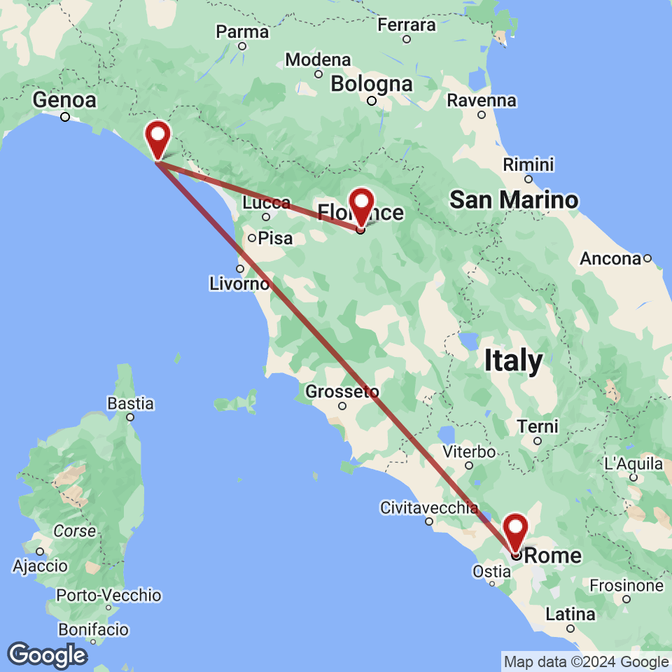 Route for Rome, Monterosso Al Mare, Florence tour